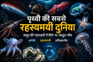 '' गहरे समुद्र के रहस्यमयी जीवों का यथार्थवादी सिनेमैटिक दृश्य – ओरफिश, ब्लैक सी डेविल, बैरलआई फिश, डम्बो ऑक्टोपस और अन्य डीप-सी जीव।"