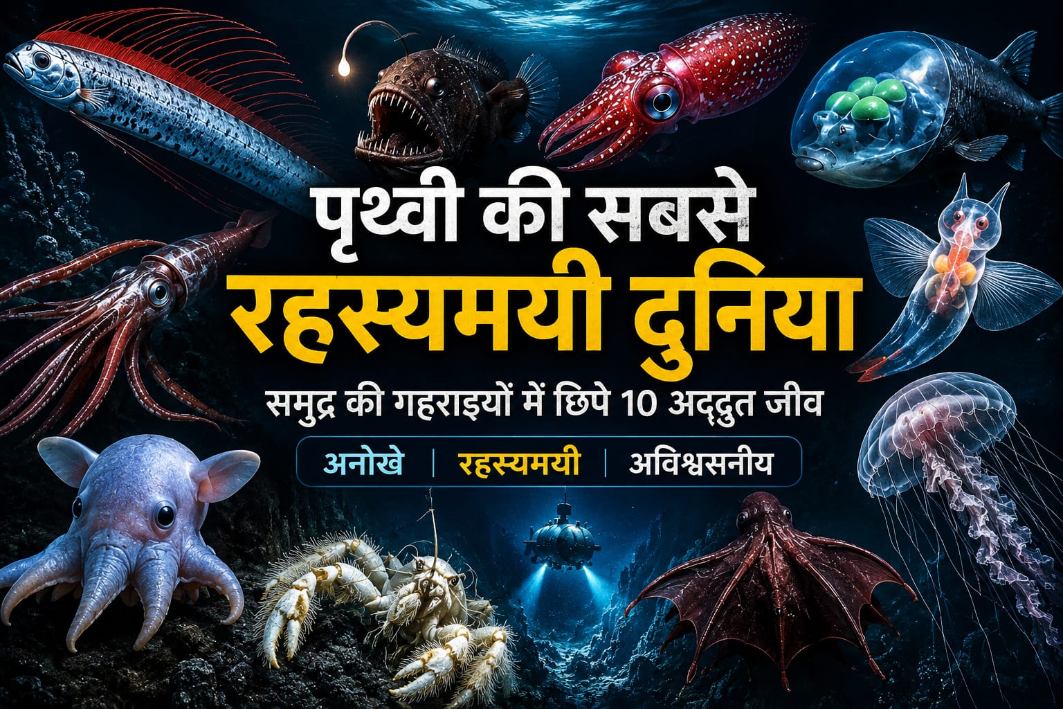 '' गहरे समुद्र के रहस्यमयी जीवों का यथार्थवादी सिनेमैटिक दृश्य – ओरफिश, ब्लैक सी डेविल, बैरलआई फिश, डम्बो ऑक्टोपस और अन्य डीप-सी जीव।"