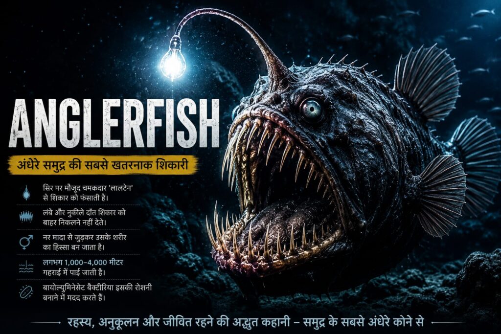 समुद्र की गहराइयों में अपनी चमकदार बायोल्यूमिनेसेंट लाइट से शिकार को आकर्षित करती हुई एक डरावनी Anglerfish का यथार्थवादी दृश्य।