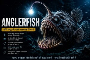 समुद्र की गहराइयों में अपनी चमकदार बायोल्यूमिनेसेंट लाइट से शिकार को आकर्षित करती हुई एक डरावनी Anglerfish का यथार्थवादी दृश्य।