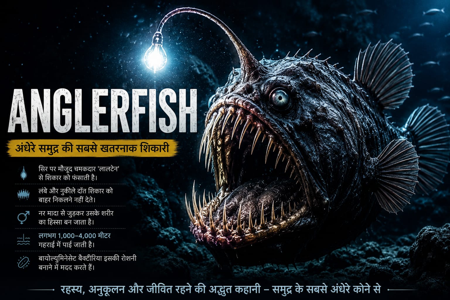 समुद्र की गहराइयों में अपनी चमकदार बायोल्यूमिनेसेंट लाइट से शिकार को आकर्षित करती हुई एक डरावनी Anglerfish का यथार्थवादी दृश्य।