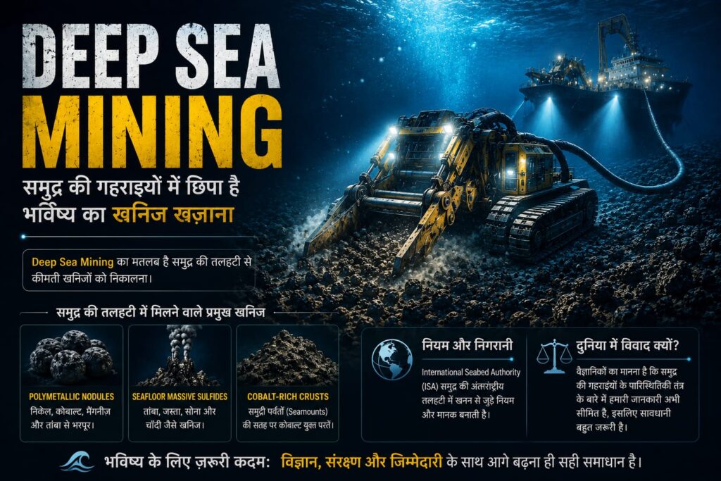 समुद्र की गहराई में खनिजों का खनन करता हुआ आधुनिक Deep Sea Mining रोबोट, जिसके आसपास समुद्री तल और खनिज नोड्यूल दिखाई दे रहे हैं।