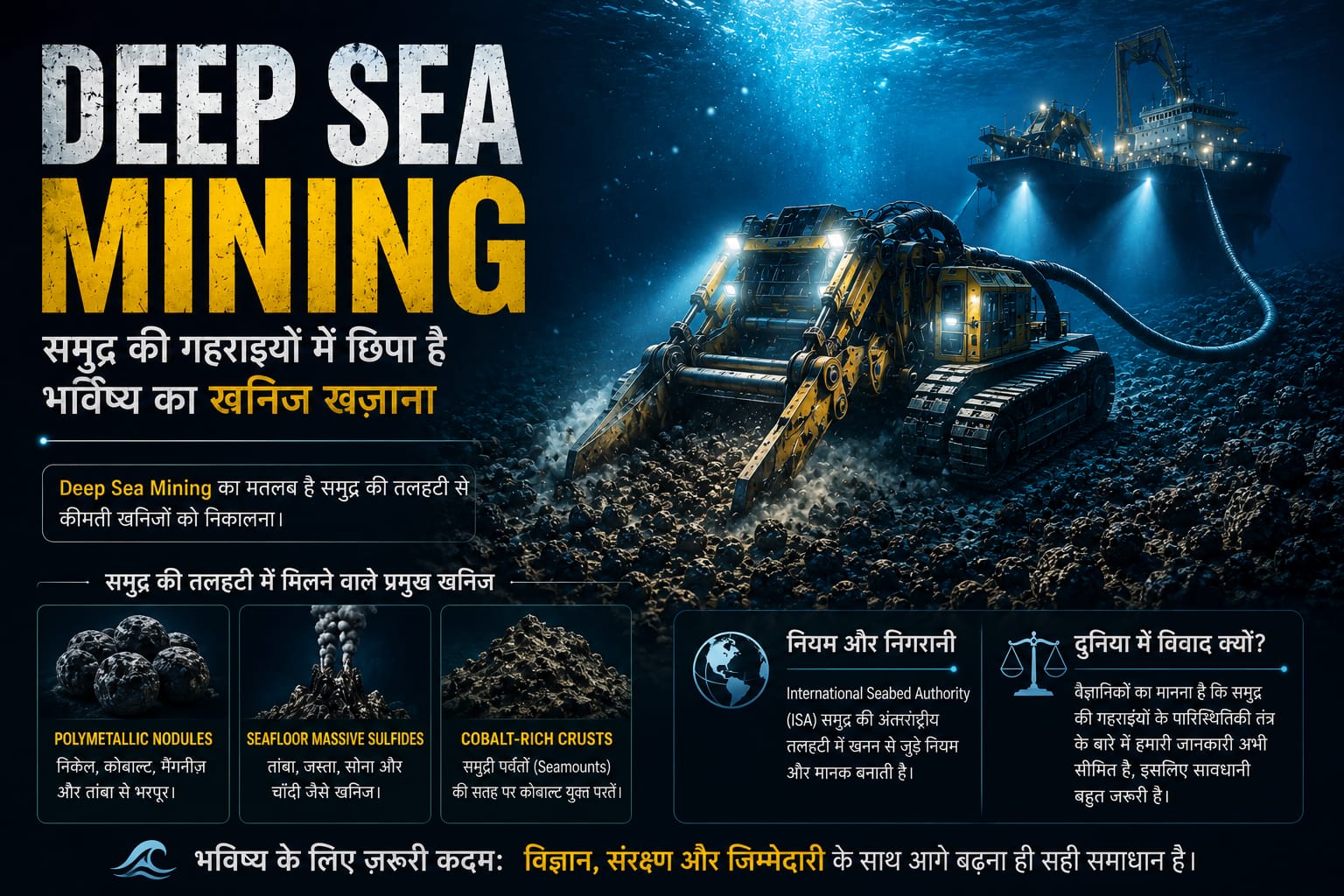 समुद्र की गहराई में खनिजों का खनन करता हुआ आधुनिक Deep Sea Mining रोबोट, जिसके आसपास समुद्री तल और खनिज नोड्यूल दिखाई दे रहे हैं।