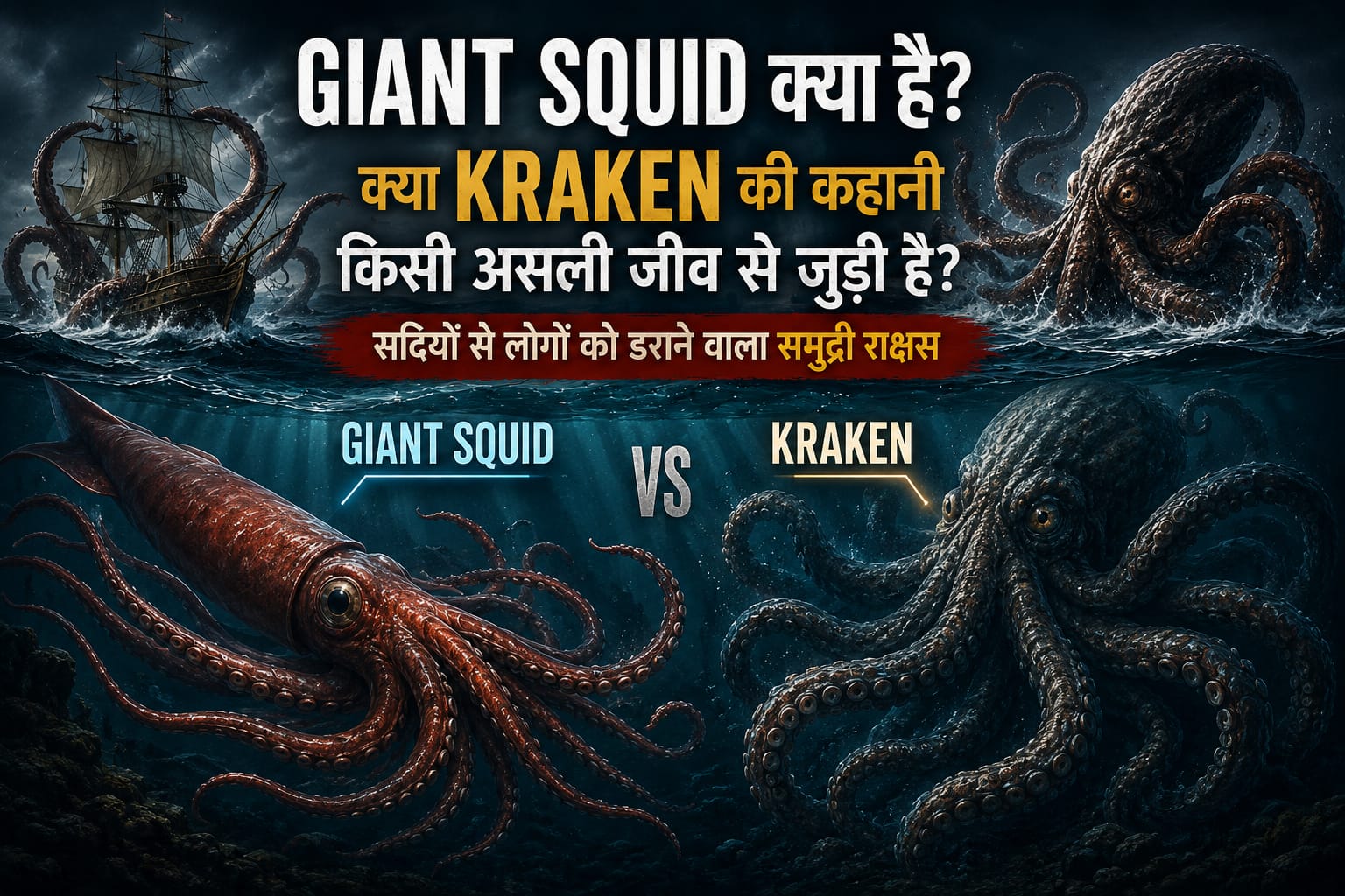 समुद्र की गहराइयों में अपने लंबे टेंटेकल्स फैलाए तैरता हुआ एक विशाल Giant Squid का यथार्थवादी दृश्य।