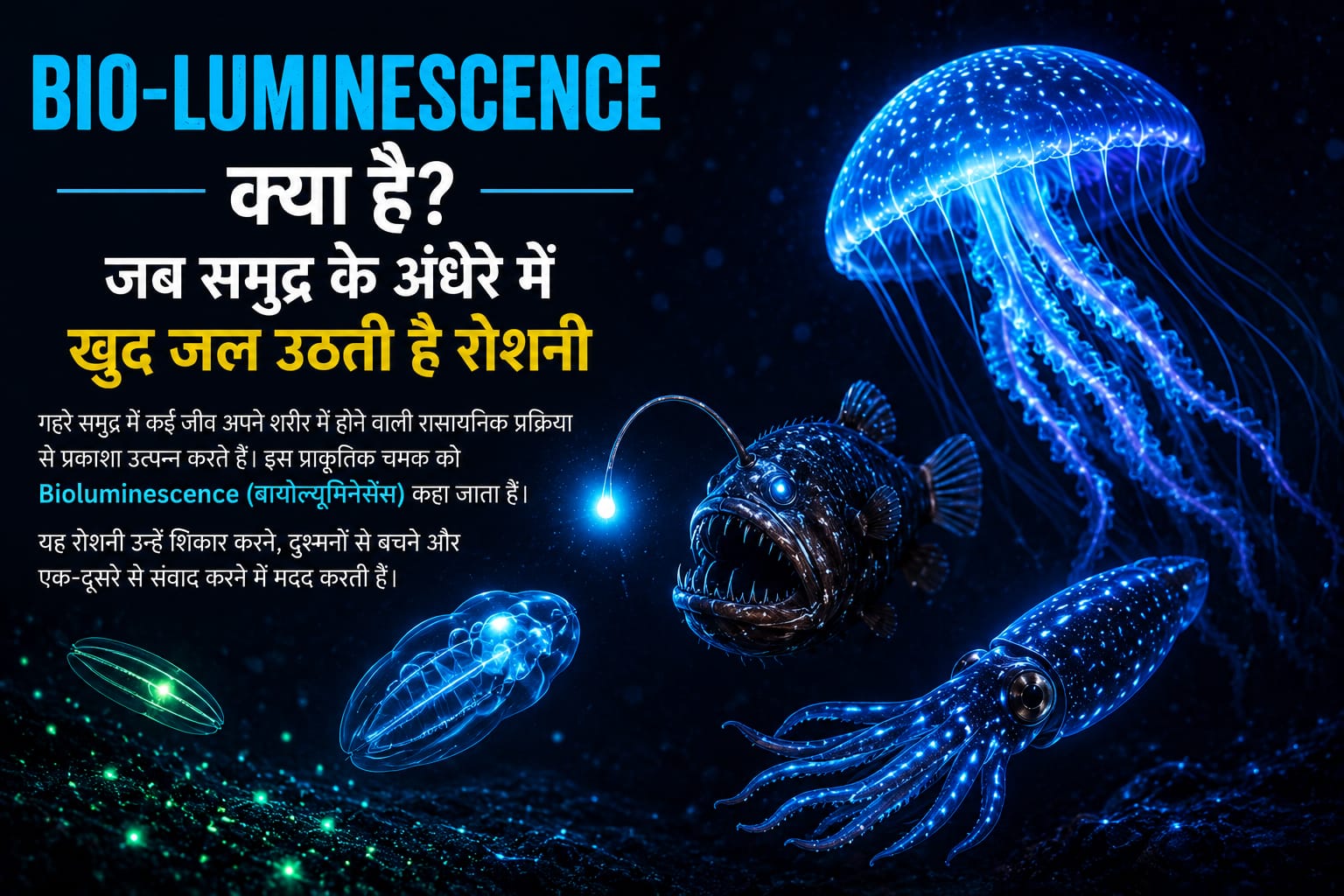 गहरे समुद्र में चमकती जेलीफ़िश, एंगलरफिश और स्क्विड के साथ Bioluminescence को दर्शाता हुआ यथार्थवादी चित्र।