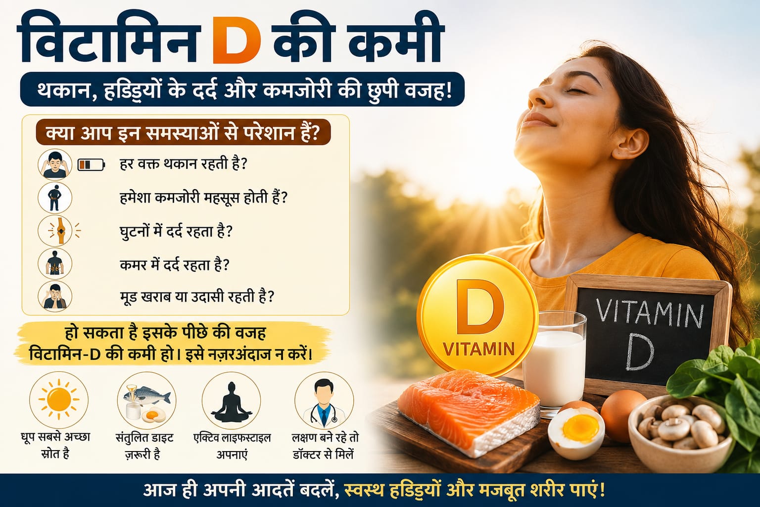 धूप में खड़ी महिला के साथ विटामिन D की कमी, थकान, कमजोरी, हड्डियों के दर्द और विटामिन D से भरपूर खाद्य पदार्थों को दर्शाती यथार्थवादी फीचर इमेज।