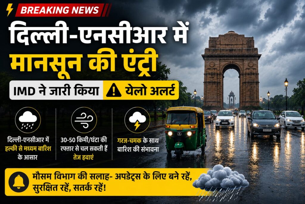 दिल्ली-एनसीआर में मानसून की बारिश के बीच सड़क पर चलते वाहन, IMD ने येलो अलर्ट जारी किया।