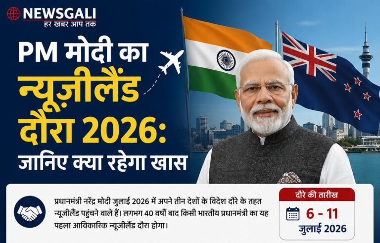 प्रधानमंत्री नरेंद्र मोदी न्यूजीलैंड दौरा 2026, भारत-न्यूजीलैंड संबंध, व्यापार, AI, शिक्षा और इंडो-पैसिफिक सहयोग पर आधारित फीचर इमेज।