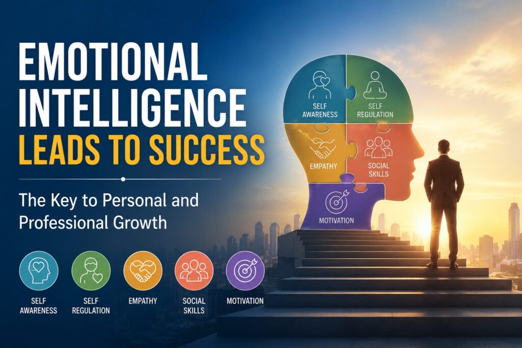भावनात्मक बुद्धिमत्ता (Emotional Intelligence) को दर्शाता इन्फोग्राफिक, जिसमें आत्म-जागरूकता, आत्म-नियंत्रण, सहानुभूति, प्रेरणा और सामाजिक कौशल के माध्यम से व्यक्तिगत और पेशेवर सफलता दिखाई गई है।