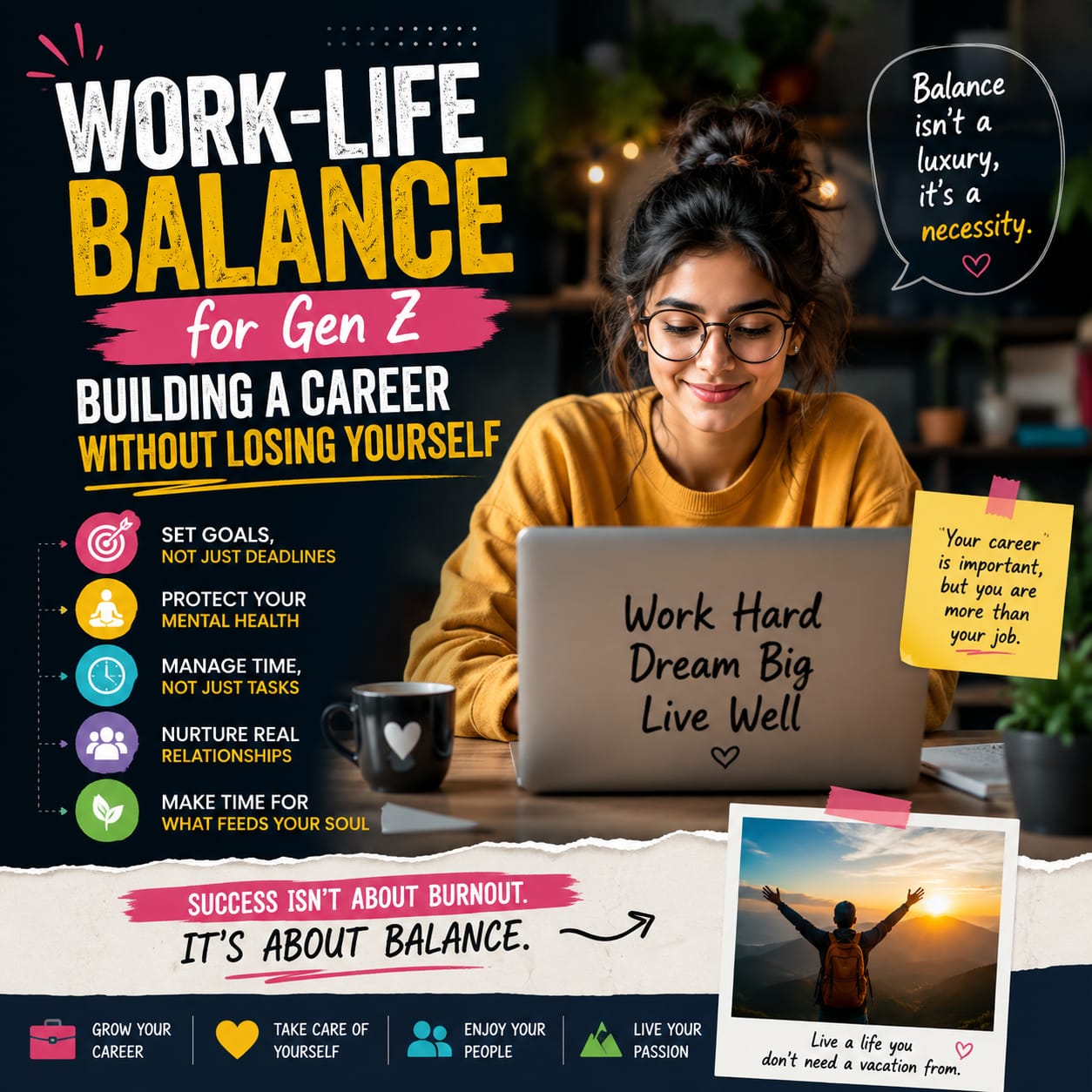 एक युवा Gen Z प्रोफेशनल आधुनिक कार्यस्थल में लैपटॉप पर काम करते हुए अपने करियर और निजी जीवन के बीच स्वस्थ संतुलन बनाए हुए है।
