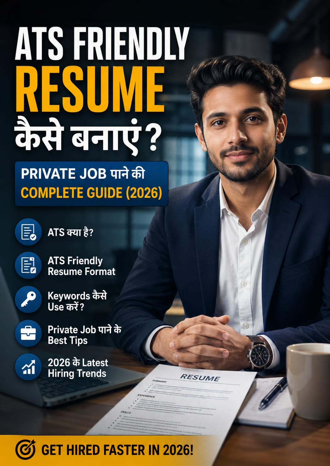 ऑफिस बैकग्राउंड में प्रोफेशनल व्यक्ति के साथ ATS Friendly Resume बनाने की 2026 गाइड दिखाता हुआ सिनेमैटिक फीचर्ड इमेज।