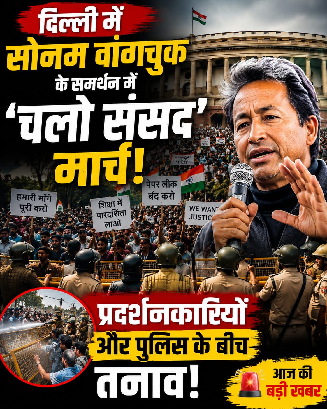 दिल्ली में सोनम वांगचुक के समर्थन में ‘चलो संसद’ मार्च, प्रदर्शनकारियों और पुलिस के बीच तनाव
